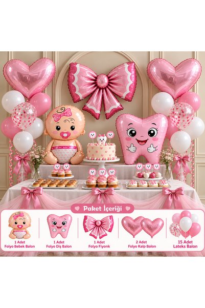 Parti Home Kız Bebek İlk Dişim Partisi Balon Süsleme Seti – Pembe Diş Buğdayı...