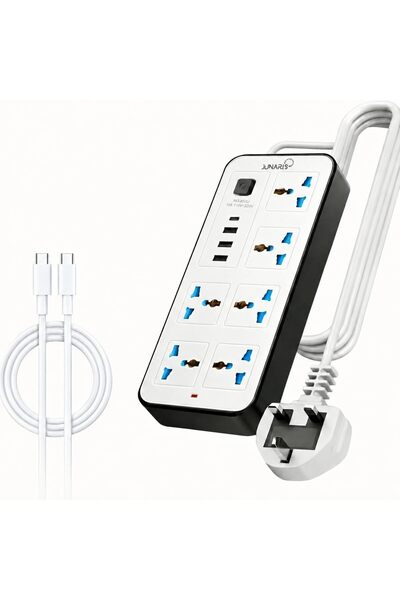 Generic شريط طاقة عالمي بـ 6 منافذ، 3 منافذ USB-A و1 منفذ USB-C، سلك تمديد بط...