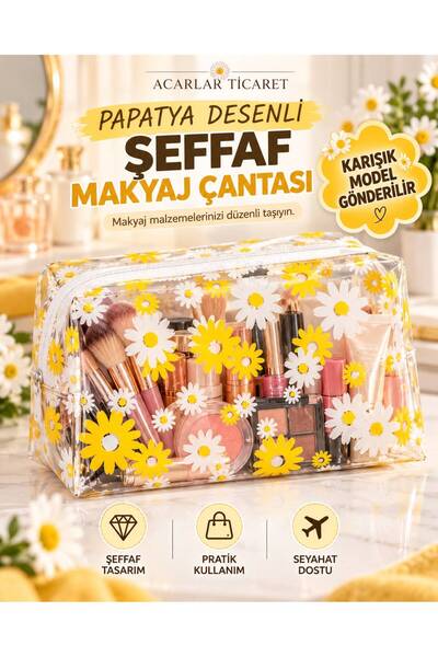 Acarlar Ticaret Şeffaf Makyaj Çantası Fermuarlı Renkli Kozmetik Çantası Seyah...
