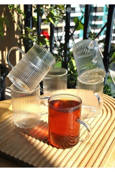Porselen Diyarı Set of 6 Borosilicate Glass Cups Striped Handled Tea Coffee C...