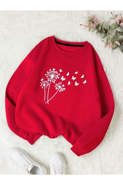 Vordevia Floral Printed Cotton 3 Thread Threaded Crew Neck Oversize Sweatshirt