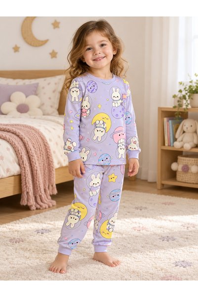 Turuncu kids Kız Çocuk Galaksi Desenli Uzun Kollu Pijama Takımı