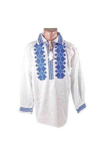 OEM Traditional men's blouse, White, with blue embroidery, geometric motif.XL