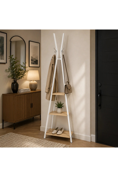MiLi White vertical clothes rack with three wooden storage shelves