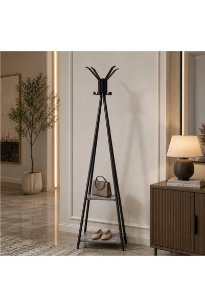 MiLi Black Vertical Clothes Rack with Gray Wooden Storage Shelves