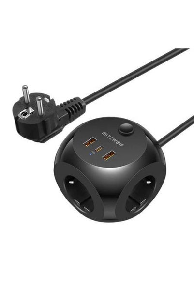 BlitzWolf Prelungitor BW-PC1 cu 3 prize AC, 2x USB, 1x USB-C (Negru)