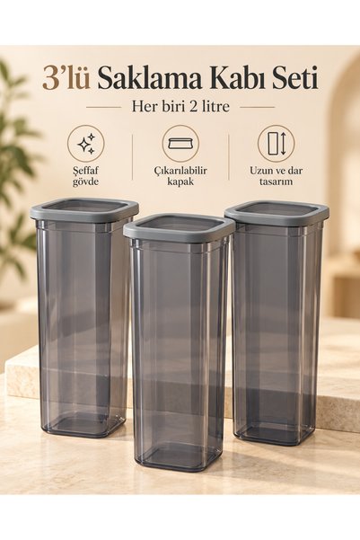 3’lü Kapaklı Saklama Kabı Seti 2 Litre – Füme Şeffaf, Makarna ve Bakliyat Düzenleyici
