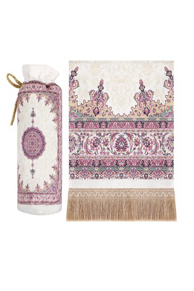 Bursa İpek Plum Palace Pattern Velvet Prayer Rug with Pouch