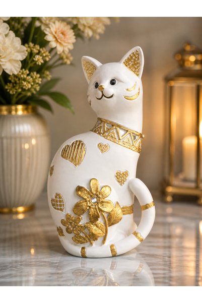 Iliadis Alexandros Figurină decorativă „Pisică Elegantă Aurie” – ornament alb...