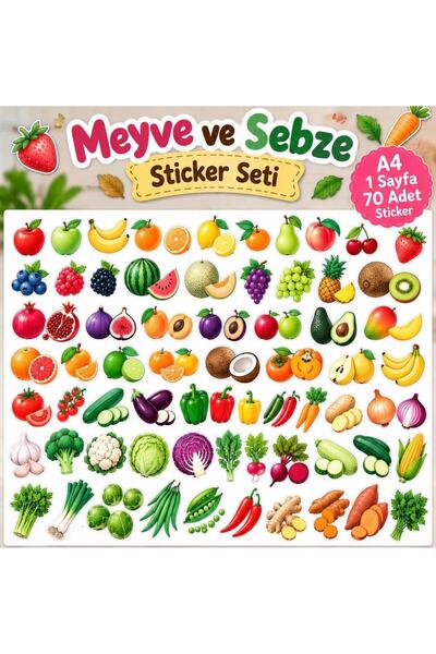 Buki'nin Atölyesi 70 Adet Meyve ve Sebze Sticker Seti – A4 Renkli Dekoratif E...