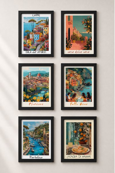 HOMEPACK 6 Piece Casa Dolce Casa Framed Painting Set Italy Posters Living Roo...