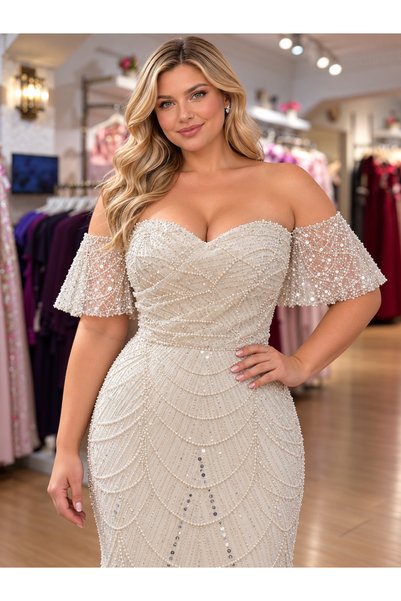 gökkuşagı moda Bej Büyük Beden Düşük Omuz İşlemeli Uzun Abiye Elbise