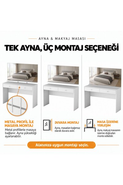 Rani Mobilya Rani BJ316 Aynalı Kulis Makyaj Masası 2 Çekmeceli Takı Düzenleyici Beyaz