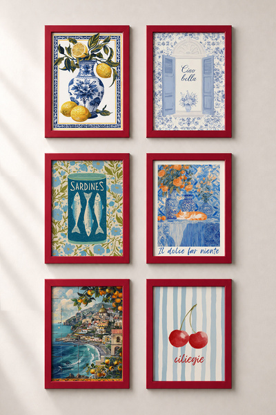 HOMEPACK 6 Piece Tile Patterned Mediterranean Framed Painting Set Italy Poste...