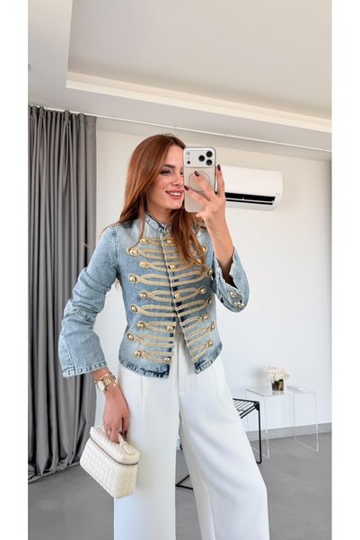 pelin yıldız butik Mavi Marlea Napolyon Gold Düğme Detaylı Tasarım Ceket