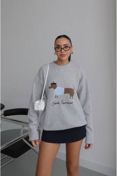 Havoş Pulover moale cu broderie în formă de câine gri