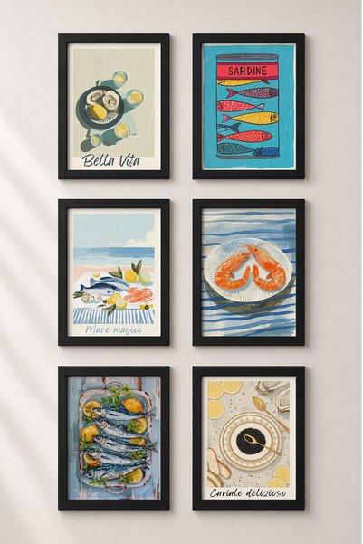 HOMEPACK 6 Piece Seafood Table Framed Painting Set Italy Posters Wall Decor S...