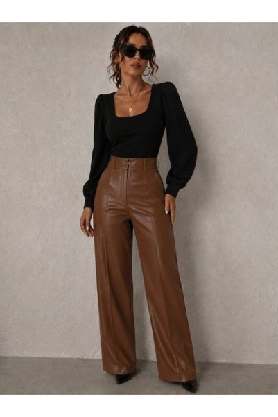pazarella Women's high-waisted wide leg leather pants with pockets