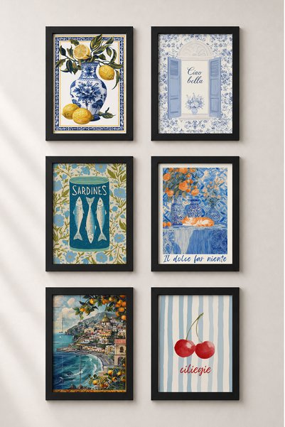HOMEPACK 6 Piece Tile Patterned Mediterranean Framed Painting Set Italy Poste...