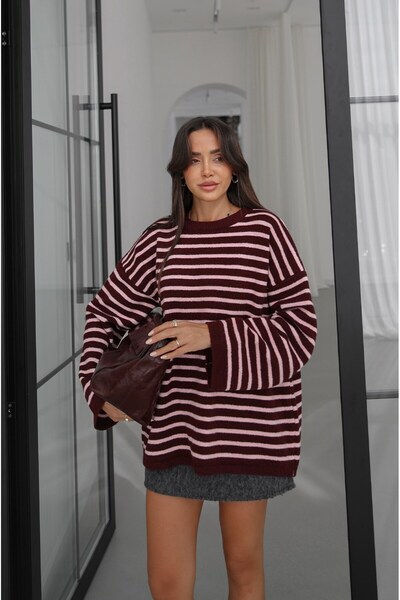 Havoş Burgundy Noyan Oversize Striped Knitwear Sweater