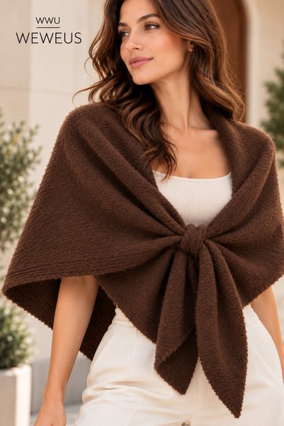 Weweus Coffee Soft Textured Front Tie Women's Shoulder Shawl