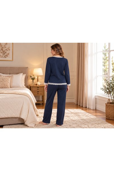 PİJAMOOD Lacivert Fitilli Dantelli V Yaka Uzun Kollu Pijama Takımı