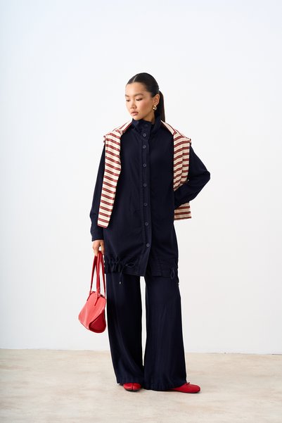 LOCCO Women's Shirt Collar Buttoned Denim Suit Navy Blue