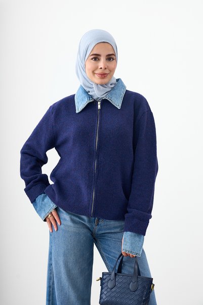 LOCCO Women's Collar and Cuff Denim Detail Zippered Knitwear Cardigan Navy Blue