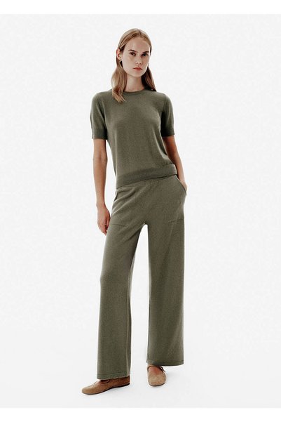 Knitss Yüksek Rib Yeşil Kaşmir Triko Pantolon
