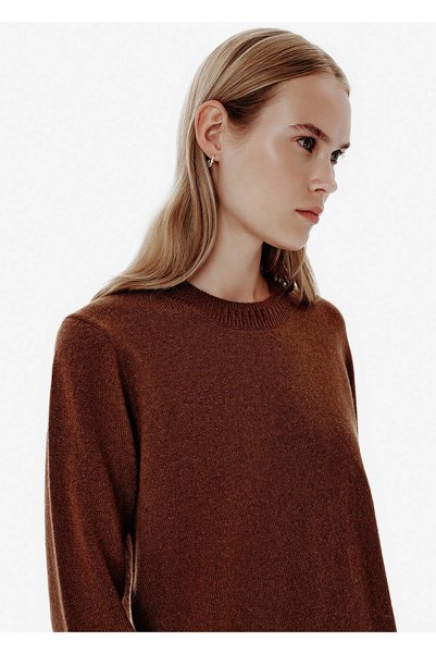 Knitss Rib Detay Yuvarlak Yaka Kahverengi Kaşmir Triko