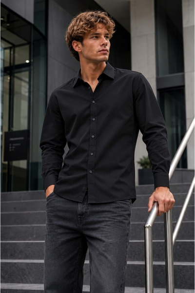 DAMGA JEANS Men's Classic Collar Black Premium Shirt