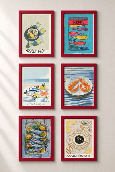 HOMEPACK 6 Piece Seafood Table Framed Painting Set Italy Posters Wall Decor S...