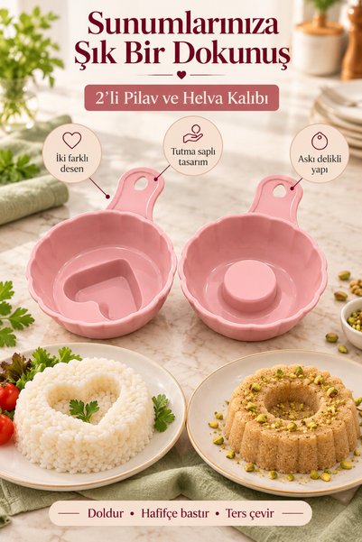 Veylora34 2’li Pilav ve Helva Şekillendirme Kalıbı Seti – ve Yuvarlak Desenli, Saplı, Dalgalı Kenarlı Porsiyon Sunum Aparatı