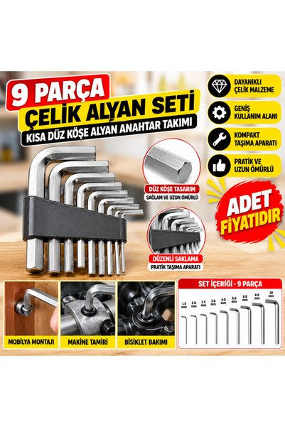 NW NessiWorld 9 Pieces Steel Allen Key Set Short Flat Corner Allen Key Kit
