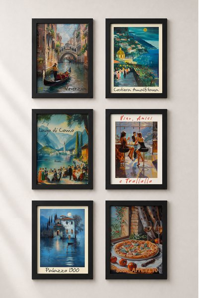 HOMEPACK Set de 6 piese cu lună plină și masă de noapte, cu tablouri înrămate...