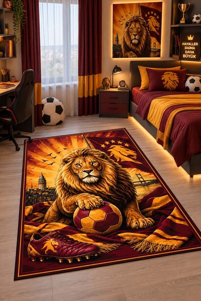 Qatalina Sarı Kırmızı Futbol Temalı Aslan Figürlü Kaymaz Dot Taban Yumuşak Ge...
