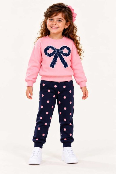 kidsense Girl's Bow Printed Polka Dot Jogger Tracksuit Set