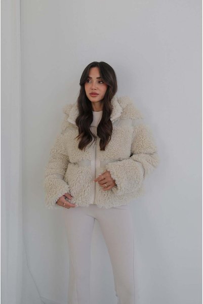 Havoş Cream Color Leather Detailed Teddy Coat