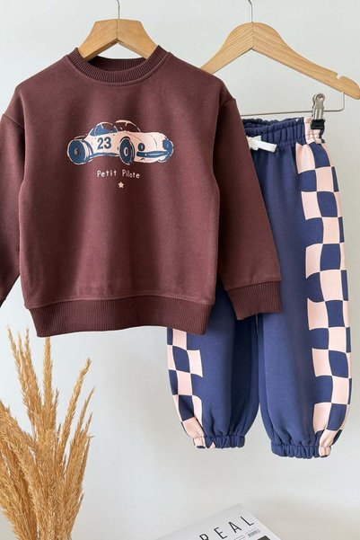 Monila Erkek Çocuk Pamuklu 3 İplik Kahve Araba Baskılı Sweatshirt ve Lacivert Kareli Altlı Alt Üst Takım