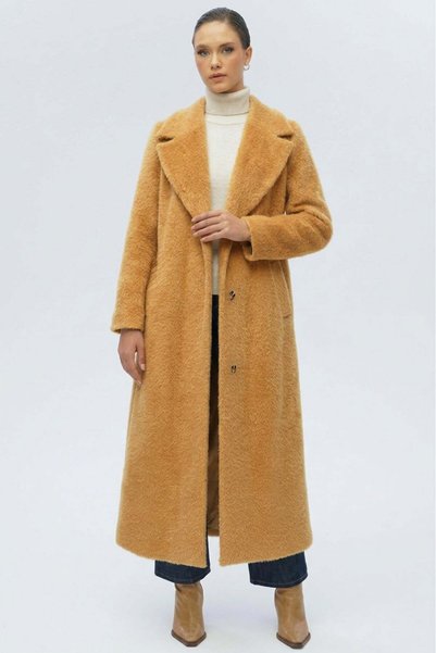 Olcay Medium Length Exclusive Plush Coat with Patent Leather Belt Accessories...