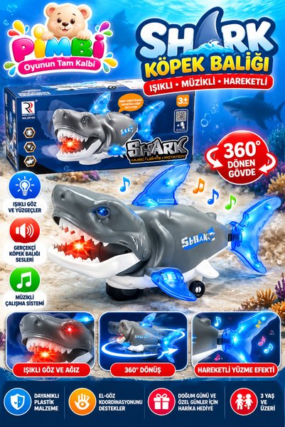 PİMBİ Işıklı Sesli Oyuncak Köpek Balığı 360 Derece Dönen Hareketli 30 cm Pilli Shark Oyuncak