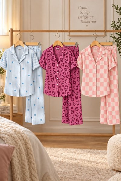 FİT WOMEN 3 Pieces Women's Short Sleeve Casual Pajama Set