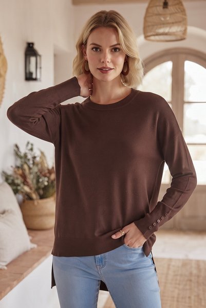 Chiccy Brown Round Neck Glittery Slit Casual Long Back Oversize Knitwear Swea...