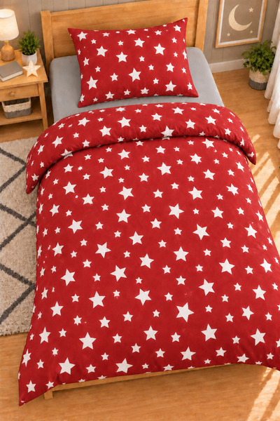 İQON Flat Sheet Duvet Cover Set Single Size Stars Red
