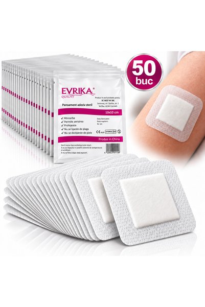 EVRIKA QUALITY Set 50 Pansamente adezive sterile 10 x 10 cm, Evrika® Quality,...