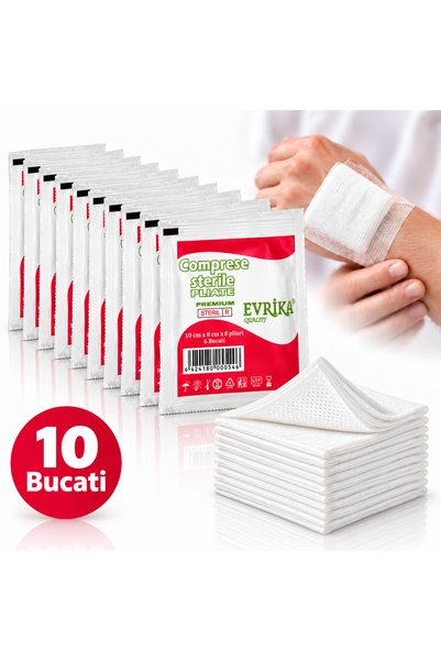 EVRIKA QUALITY Set 10 plicuri Comprese sterile tifon pliate 10x8cm, Evrika® Q...