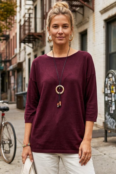 Chiccy Plum Color Boat Neck 3/4 Sleeve Thin Necklace Collar Casual Basic Knit...