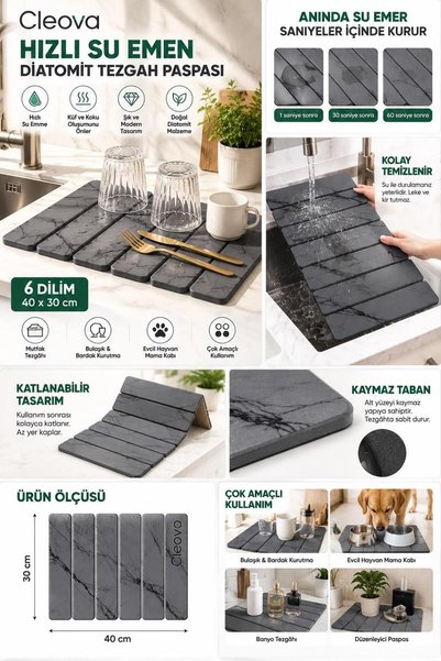 cleova Diyatomik Mutfak Tezgah Üstü Bulaşık Kurutma Matı,Su Emici Katlanabili...