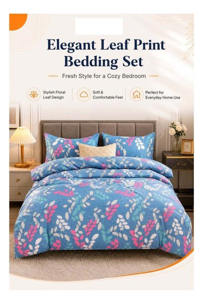 Generic Brand Al LIFE Floral Leaf Print Bedding Set, Blue Duvet Cover Set Wit...