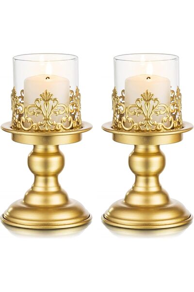 Generic Gold Pillar Candle Holders, Vintage Metal Candlestick Holders with Re...